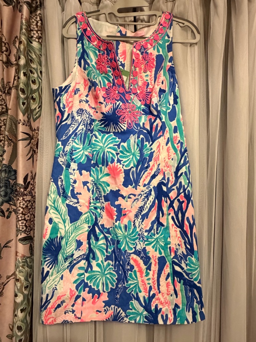 Lilly Pulitzer Multi-Colored Shift Dress with Pink Embroidery